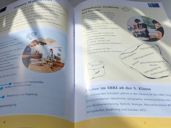 Aufgeschlagene Infobroschüre für die zukünftigen Fünftklässler und Fünftklässlerinnen der Realschule und SBBZ der Torwiesenschule