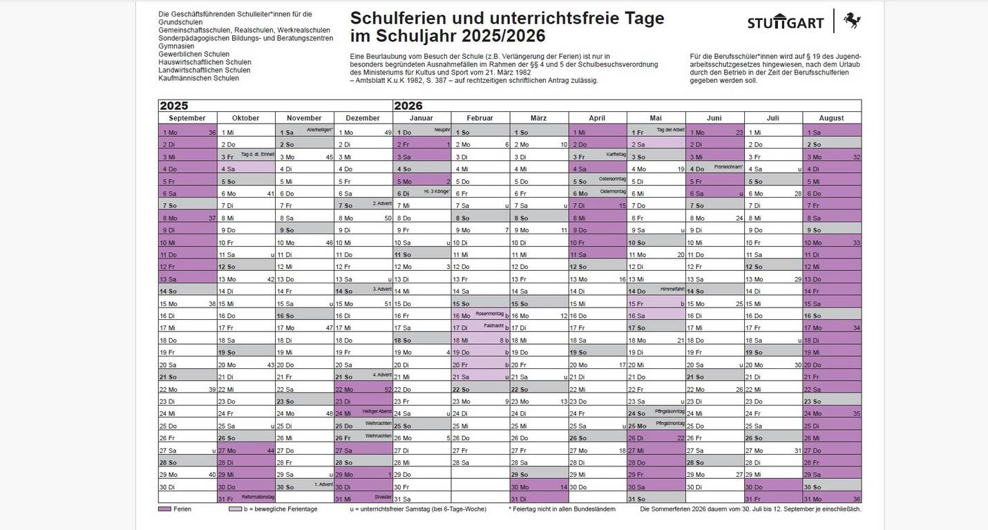 Zum Download: Schulferien und unterrichtsfreie Tage im Schuljahr 2025/2026
