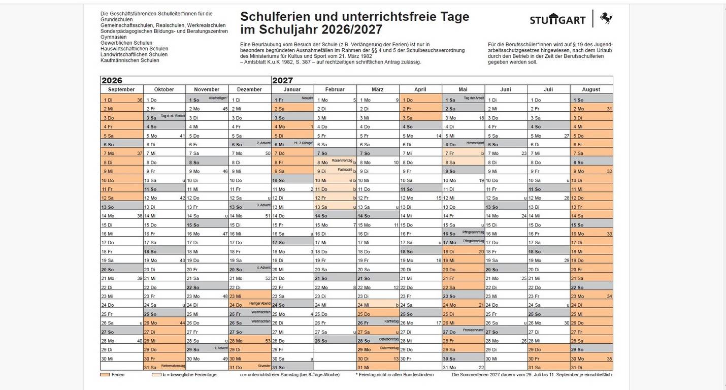 Zum Download: Schulferien und unterrichtsfreie Tage im Schuljahr 2026/2027